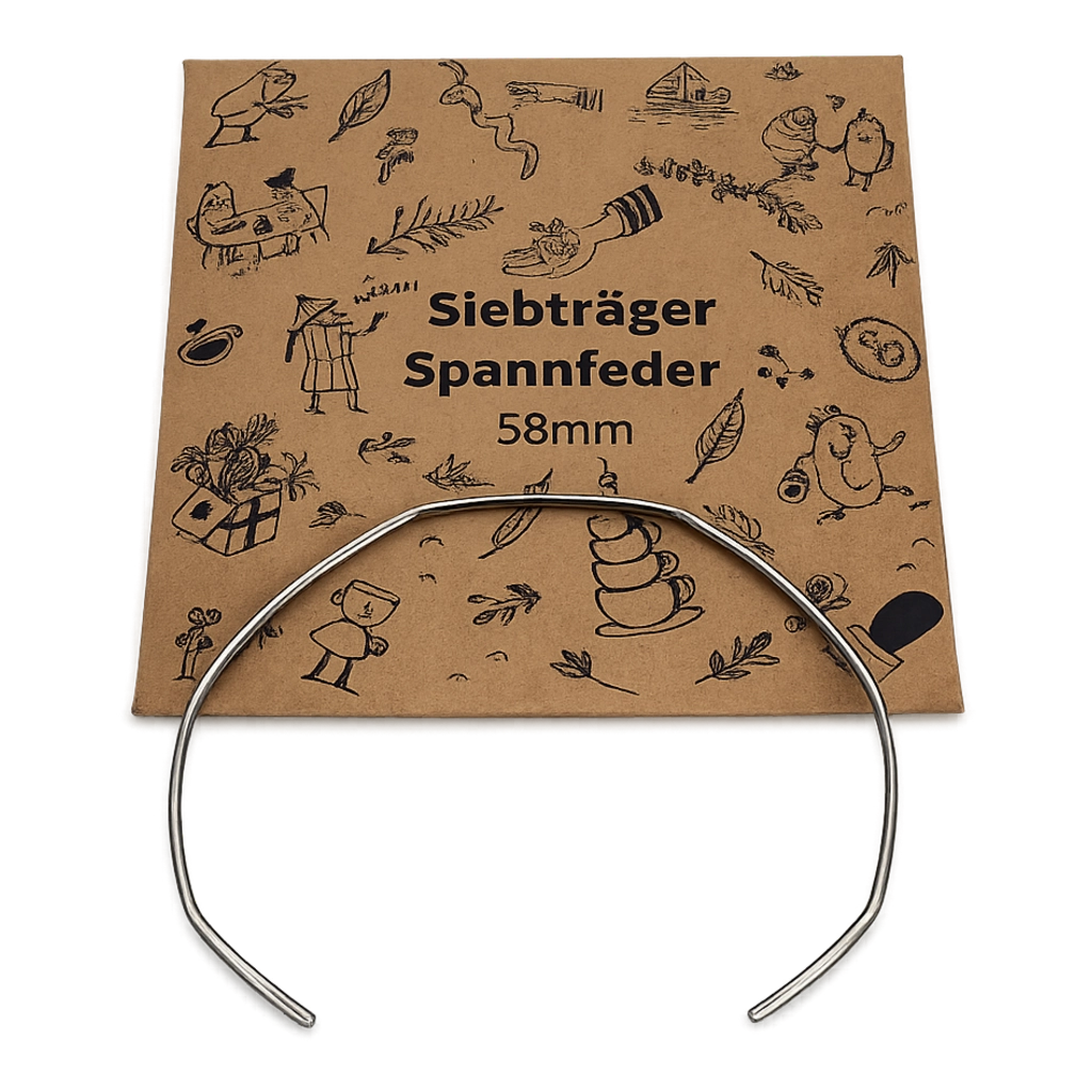 Kaffeemacher Siebträger Spannfeder 51mm liegend auf der quadratischen Karton-Verpackung mit charakteristischen Kaffee-Illustrationen der Kaffeemacher.
