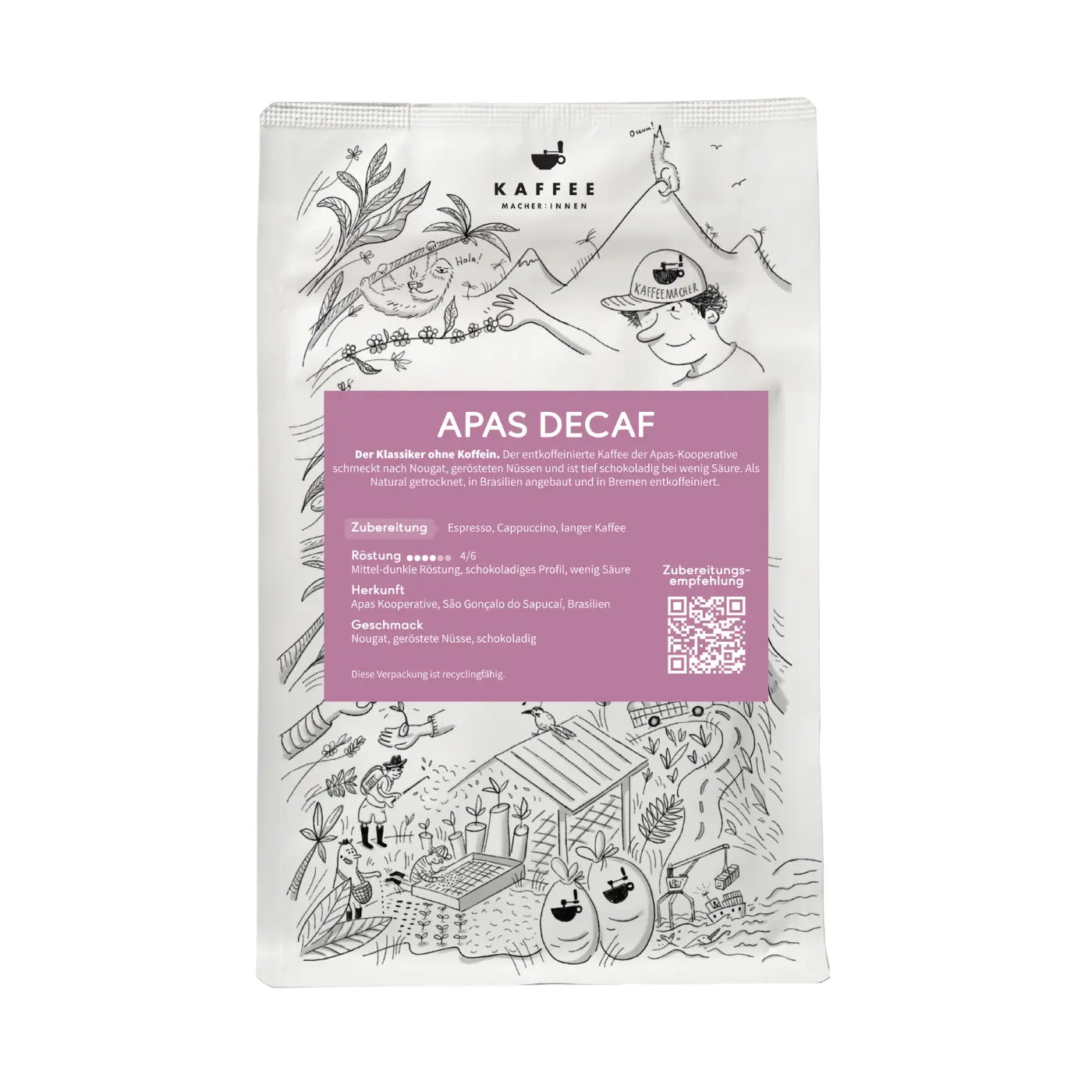 Unser Kaffee "APAS Decaf" Vorderansicht mit Label