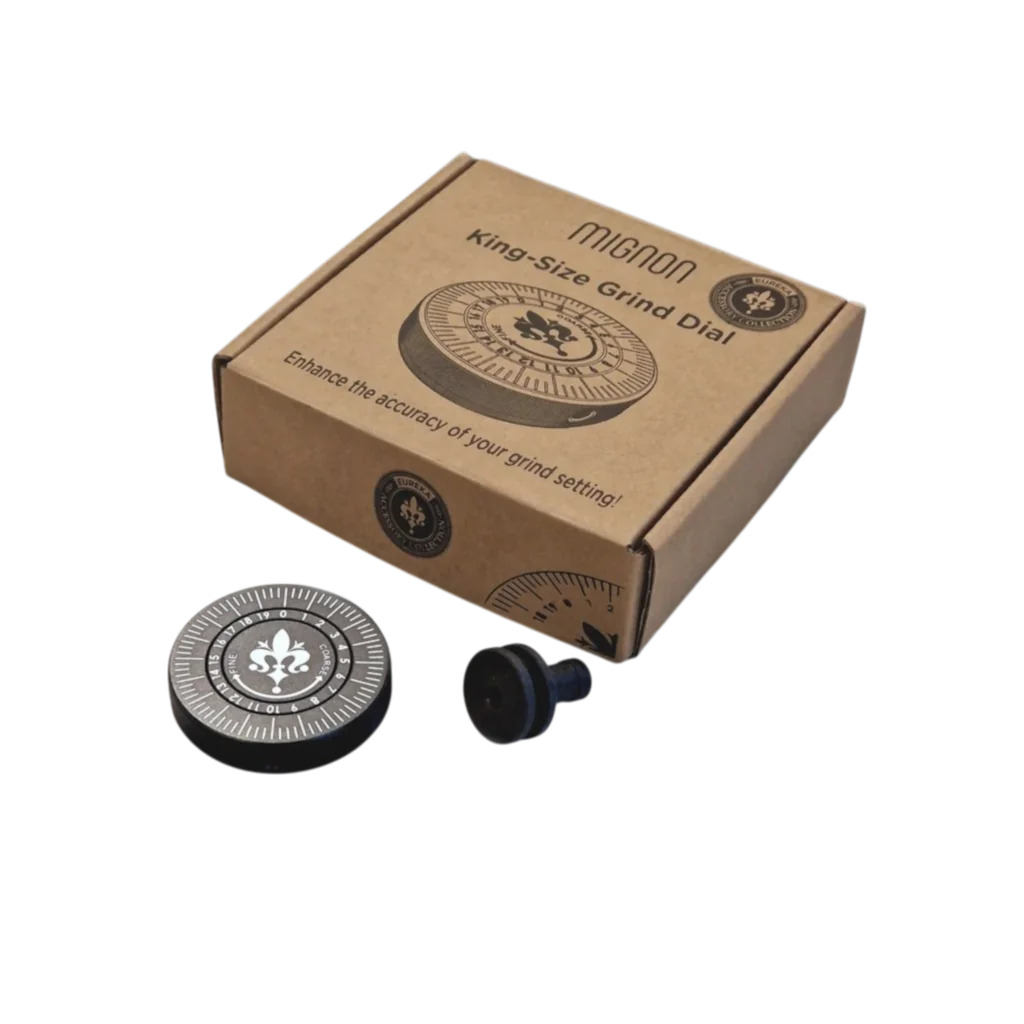 Eureka Mignon King Size Grind Dial und reguläres Rad im Vergleich nebeneinander, mit Verpackung 