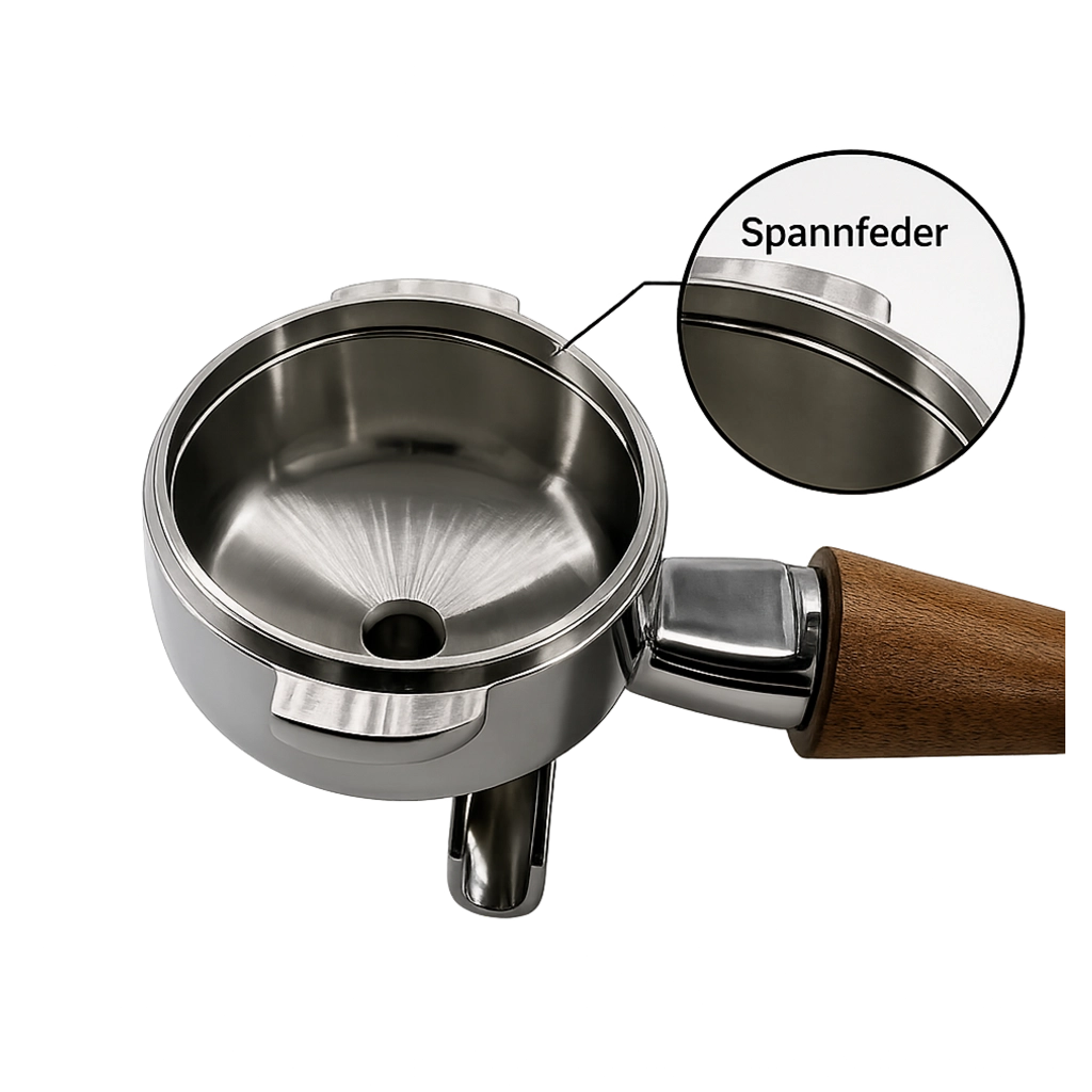 Detailansicht eines Espresso-Siebträgers mit Holzgriff. Eine Lupe zeigt die genaue Position der eingesetzten Spannfeder in der inneren Nut.